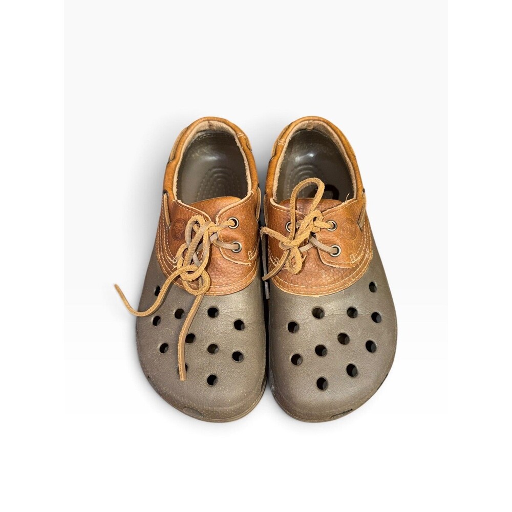 Crocs Islander Pitcrew Brown Leather Clogs Boat Comfort Shoes Men 8 Women’s 10